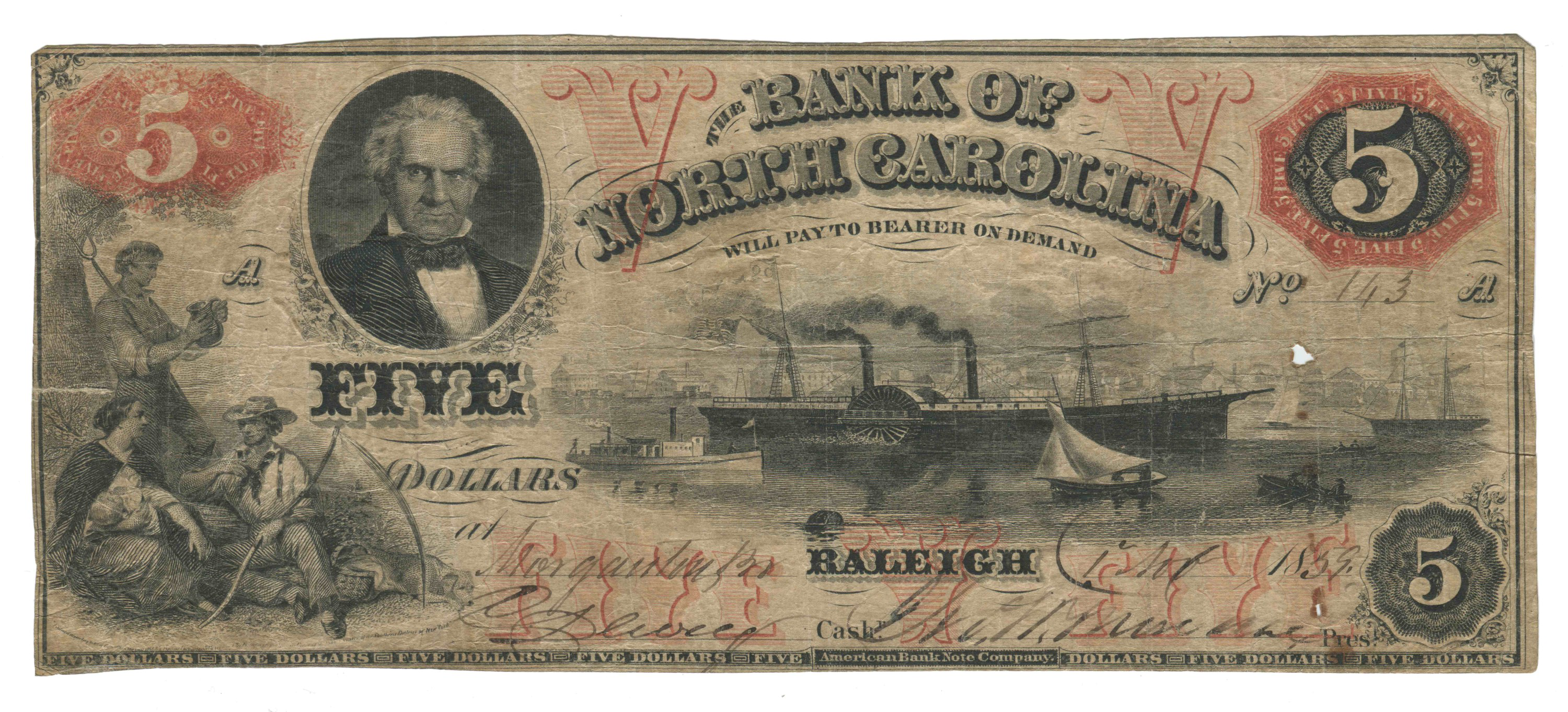 A bank note issued by the Bank of North Carolina in 1859. This bank note is somewhat analogous to an online bank deposit today.