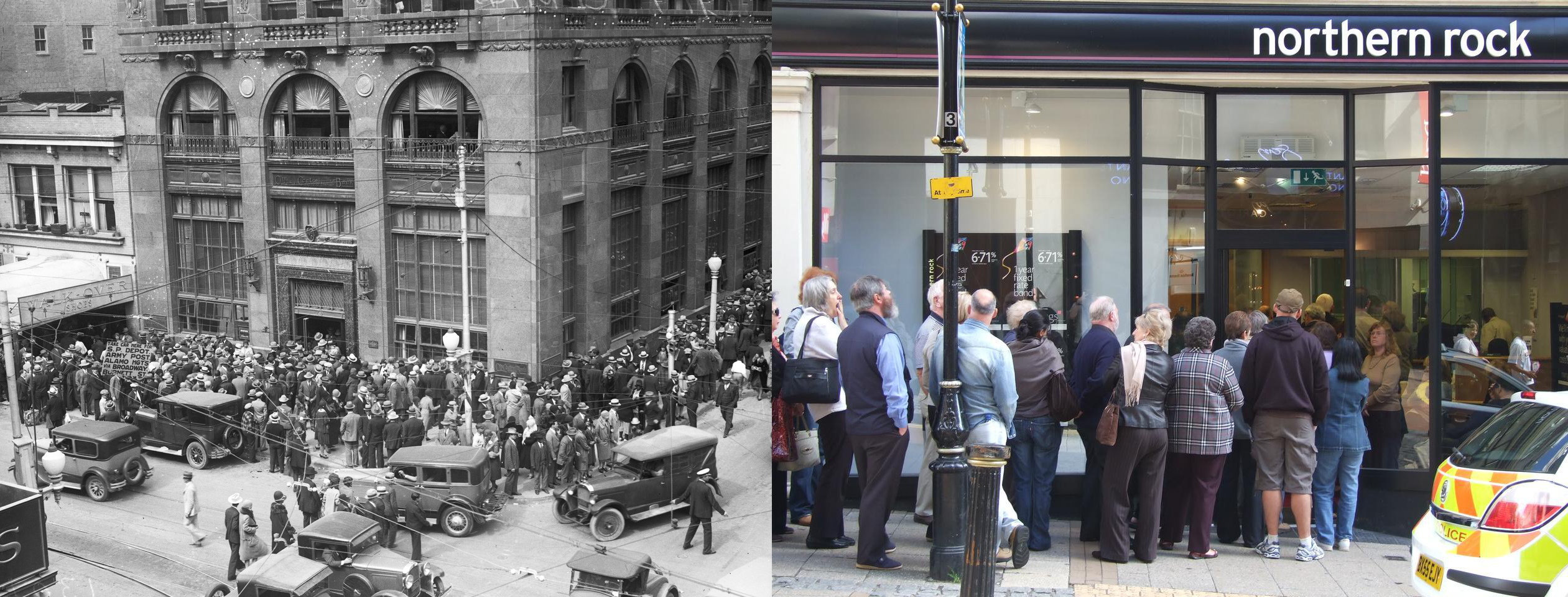 To the left: Run on San Antonio's City-Central Bank during the Great Depression in 1931. To the right: A modern day bank run on Northern Rock in 2009.